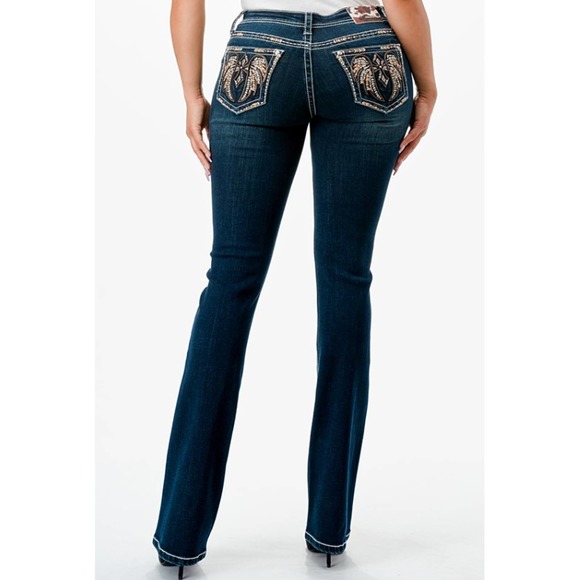 Grace in LA Women's Western Feather Wing Cross Embroidered Stretch Bootcut Jeans - Picture 3 of 3